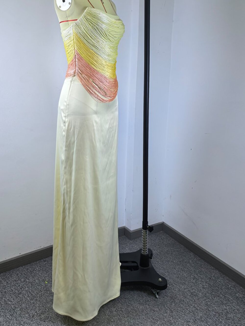 Ombre Fringe Strapless Satin Maxi Dress Yellow Peach Formal Gown - Picture 5 of 6